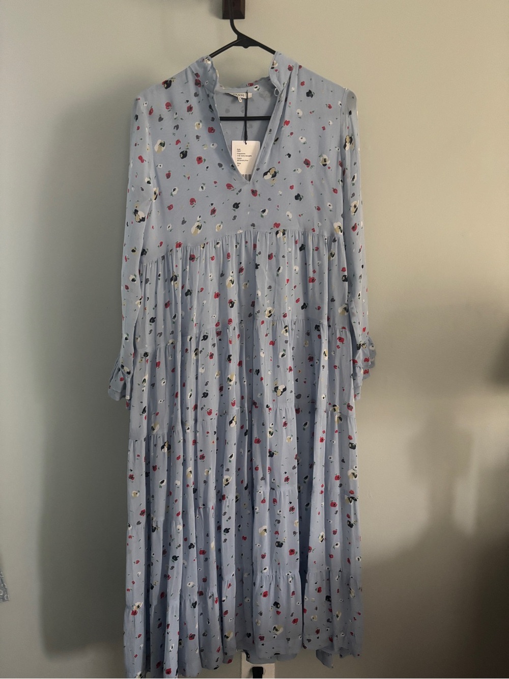 Ganni Light Blue Floral Tiered V-Neck Maxi Dress